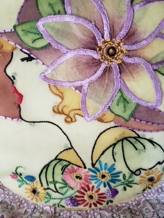 Antique Embroidered Pillow,  Featuring Women,  Flowers