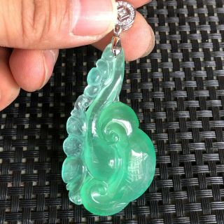 Chinese S925 Silver & Green Jadeite Jade Handwork Collectible Bat & Ruyi Pendant