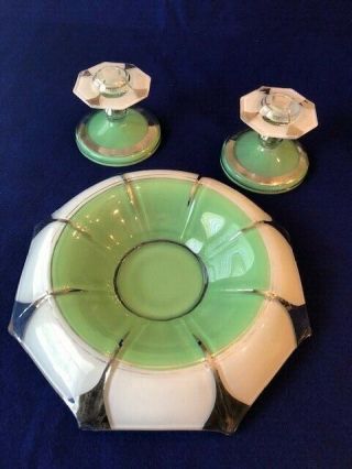 Art Deco Glass Enamel Etch 3 Piece Set Flower Bowl And 2 Candlesticks Green