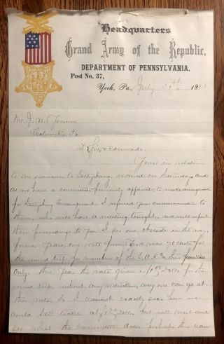 G.  A.  R Letter Gettysburg Reunion 1883 Colored G.  A.  R Post York Civil War