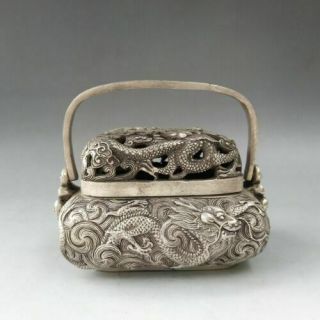 Chinese Antiques - Tibetan Silver Handmade Carved Dragon Incense Burner Basket