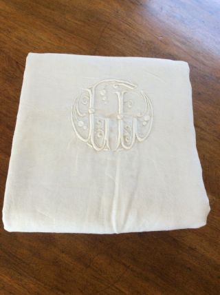 Large Vintage French Linen Sheet With Embroidered Motif