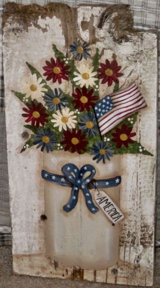 Primitive Hp Folk Art Americana Sack Flag Flowers Old Reclaimed Wood