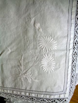 ANTIQUE WHITE TABLECLOTH LARGE HAND EMBROIDERED WHITEWORK MONOGRAM 3