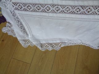 ANTIQUE WHITE TABLECLOTH LARGE HAND EMBROIDERED WHITEWORK MONOGRAM 4