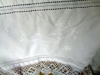 ANTIQUE WHITE TABLECLOTH LARGE HAND EMBROIDERED WHITEWORK MONOGRAM 5