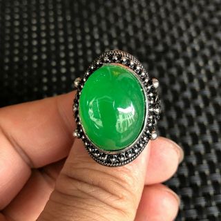 Chinese Tibet Silver & Green Jadeite Jade Bead Handwork Rare No.  6.  5 - 12 Bat Ring
