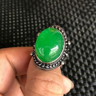 Chinese Tibet Silver & Green Jadeite Jade Bead Handwork Rare No.  6.  5 - 12 Bat Ring 2