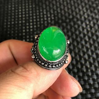 Chinese Tibet Silver & Green Jadeite Jade Bead Handwork Rare No.  6.  5 - 12 Bat Ring 3