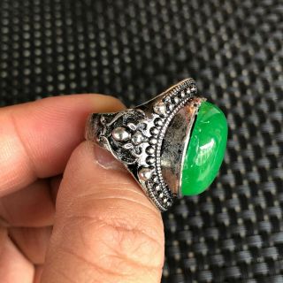 Chinese Tibet Silver & Green Jadeite Jade Bead Handwork Rare No.  6.  5 - 12 Bat Ring 4