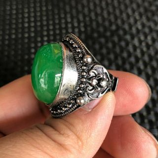 Chinese Tibet Silver & Green Jadeite Jade Bead Handwork Rare No.  6.  5 - 12 Bat Ring 5
