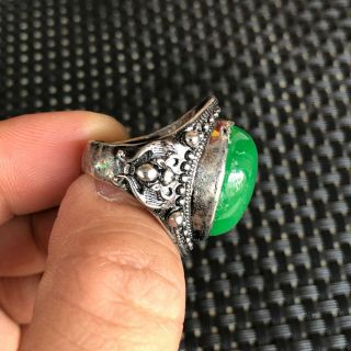 Chinese Tibet Silver & Green Jadeite Jade Bead Handwork Rare No.  6.  5 - 12 Bat Ring 6