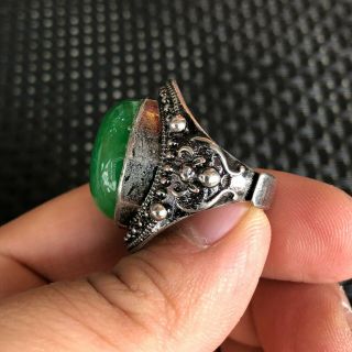 Chinese Tibet Silver & Green Jadeite Jade Bead Handwork Rare No.  6.  5 - 12 Bat Ring 7