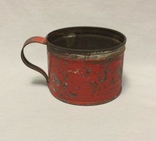 Antique Primitive Hand Made Childs Size Tin Cup W/original Red Paint " A Present "