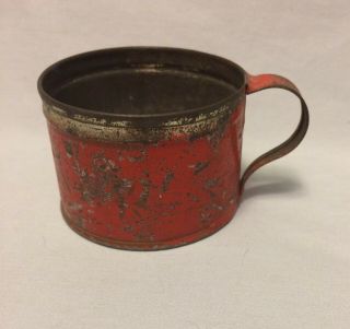 Antique Primitive Hand Made Childs Size Tin Cup W/original Red Paint 