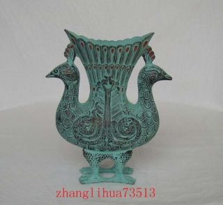 175mm Collectible Handmade Carving Statue Bronze Vase Peacock Shape Deco Art