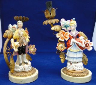 Antique French Porcelain Lamp Figurine Couple With Flowers & Marble Base