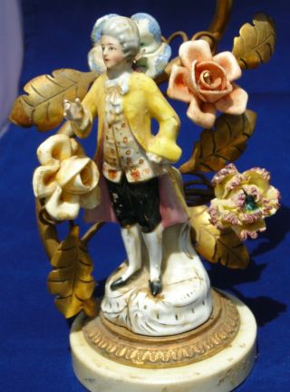 Antique French Porcelain Lamp Figurine Couple with Flowers & Marble Base 5