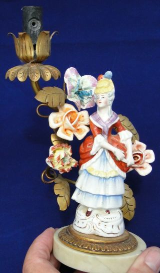 Antique French Porcelain Lamp Figurine Couple with Flowers & Marble Base 6