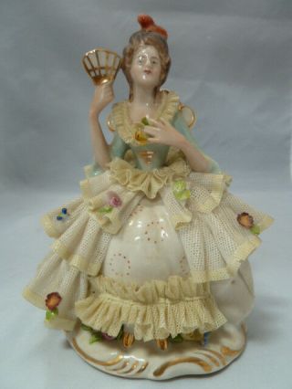 Vintage Germany Porcelain Dresden Lace Woman With Fan Sitting On Chair Figurine