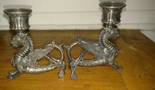 2 Antique Victorian Mystical Winged Lion Silver Plate Figural Candlestick