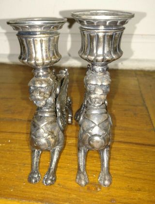 2 Antique Victorian mystical winged lion silver plate figural candlestick 4