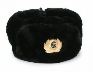 Authentic Russian Black Naval Military Ushanka Hat With Naval Anchor Emblem