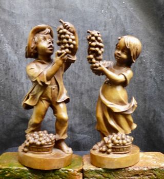 2 Antique Wood Carving Of A Couple With Grapes,  August Runggaldier Tirol