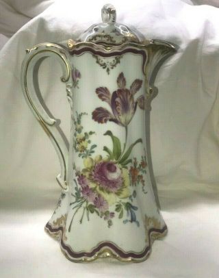 German Porcelain Hot Chocolate Pot.  Dresden.  Meissen - Style Flower Bouquet.  9.  5 "