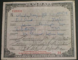 1933 Prohibition Pharmacy Prescription For Whiskey Collectible Medical Paper