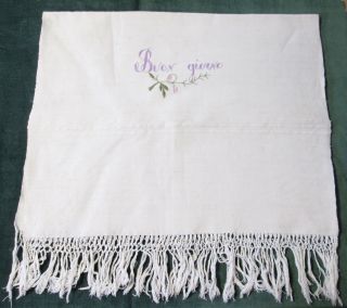 Antique Fringed Large Linen Bath Towel Embroidered Buon Giorno W/ Rose Buds