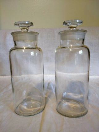 2 Vintage 9 " Glass Apothecary Jars With Ground Glass Stoppers