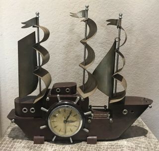 Vintage Maritime United Clock Co Lighted Ship Mantle Clock Electric - Cut Cord
