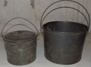 Vintage 2 Berry Buckets Tin Primitive Lunch Pail 1 W/ Lid Large And Small
