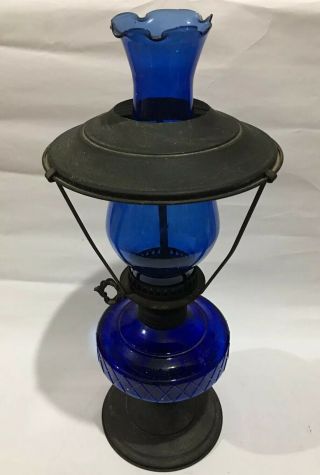 Vintage Cobalt Blue Glass Oil Lamp With Metal Shade And Base