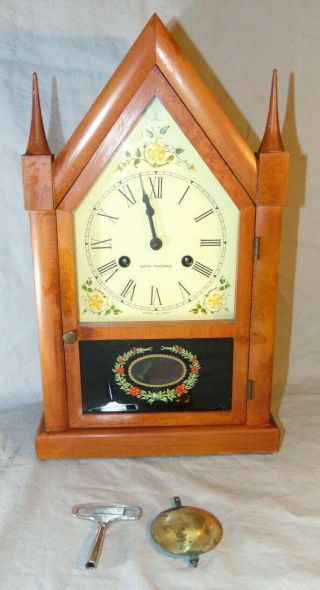 Vintage Seth Thomas Woode Steeple Mantel Clock W/ Key & Pendulum Brass Movement