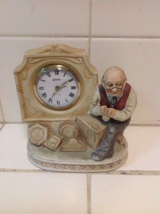 Vintage Linden Wind Up Alarm Clock With An Old Man Sitting Figurine