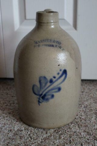 Rare Antique Blue Decorated Haxstun & Co Fort Edward,  Ny Stoneware Jug