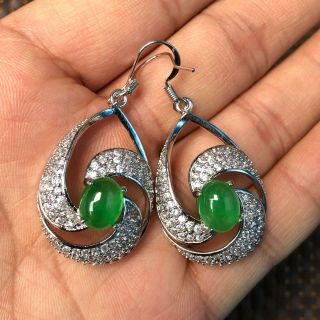 Chinese S925 Silver & Green Jadeite Jade Handwork Rare Lady Pair Cyclone Eardrop