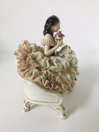 Large Dresden Volkstedt Germany Ballerina Girl On Green Sofa Lace Figurine