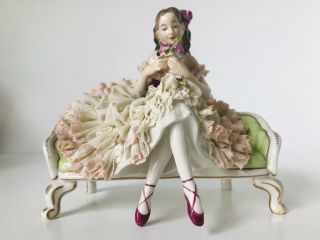 Large Dresden Volkstedt Germany Ballerina Girl On Green Sofa Lace Figurine 2