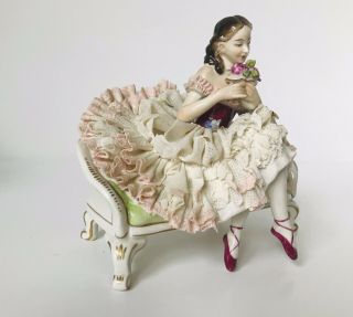 Large Dresden Volkstedt Germany Ballerina Girl On Green Sofa Lace Figurine 3
