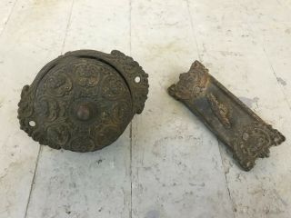 Antique Victorian Mechanical Door Bell & Fancy Cast Iron Pull Patented 1873