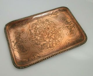 Vintage Arts And Crafts Copper Serving Tray Etched Pattern With Patina