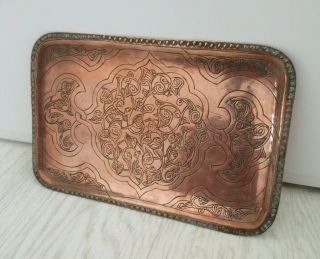 VINTAGE ARTS AND CRAFTS COPPER SERVING TRAY etched pattern with patina 2
