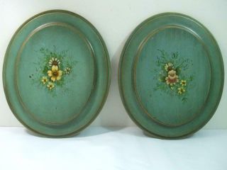 Pair Vintage French Country Wooden Oval Wall Plaques Hand Painted Flowers 16 "