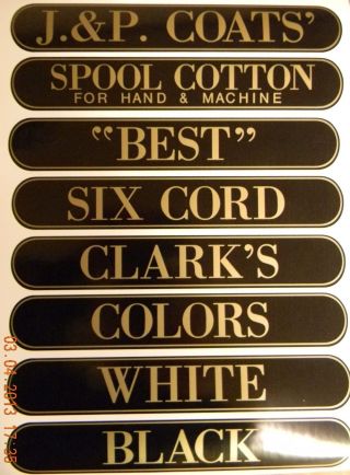 J & P Coats Spool Cabinet Labels 8 Piece Set / Gold On Black 10 1/4 X 1 5/8