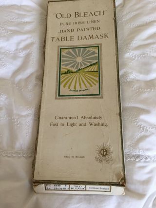 Vintage”0ld Bleach” Pure Irish Linen Hand Painted Damask Table Cloth& 6 Napkins