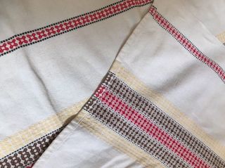 Vintage Raw Linen Tablecloth Machine Embroidery Geometric Stripe Red Yellow Blue 3