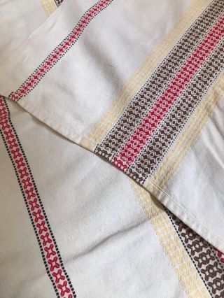 Vintage Raw Linen Tablecloth Machine Embroidery Geometric Stripe Red Yellow Blue 4